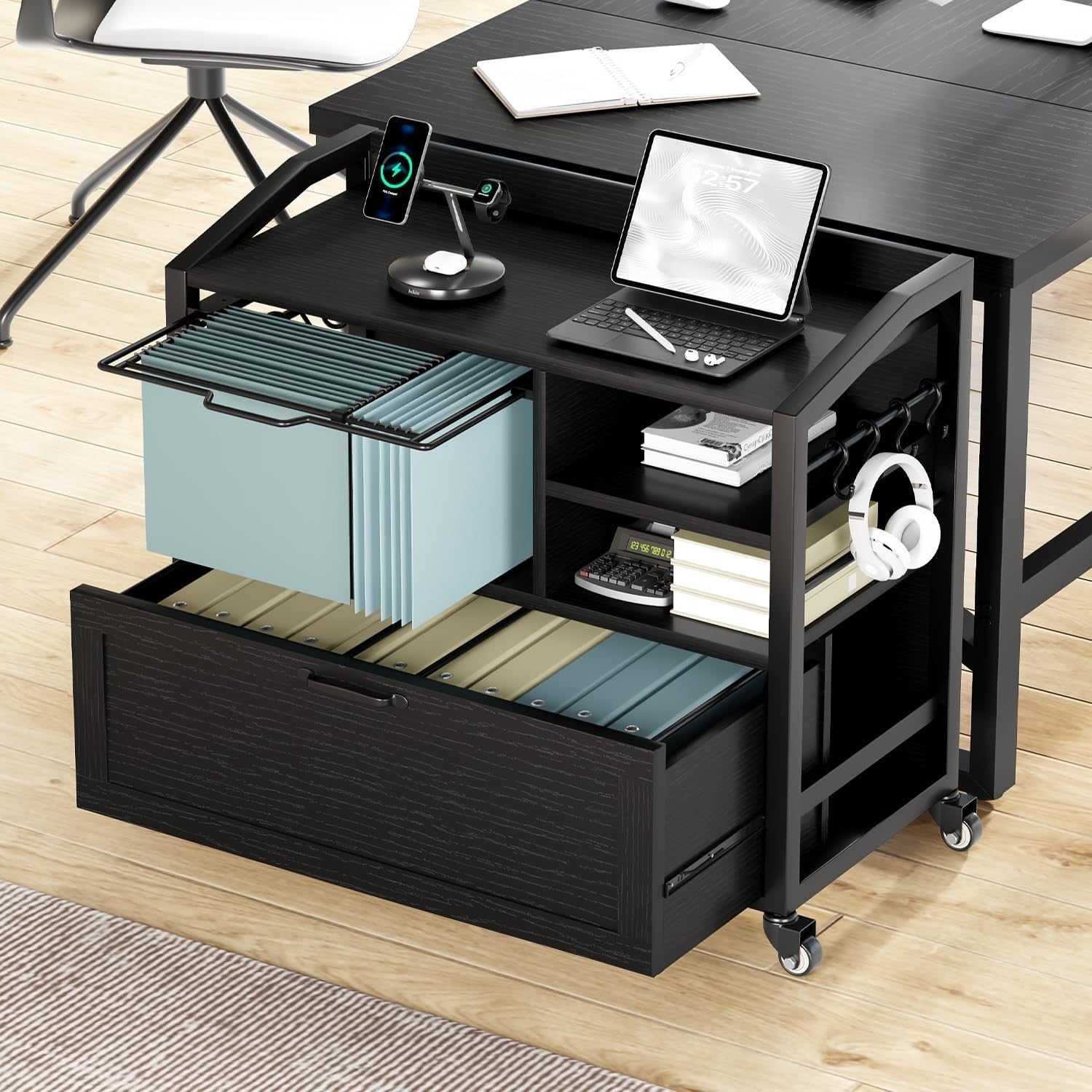 Black Oak Rolling Lateral File Cabinet Printer Stand Legal Letter