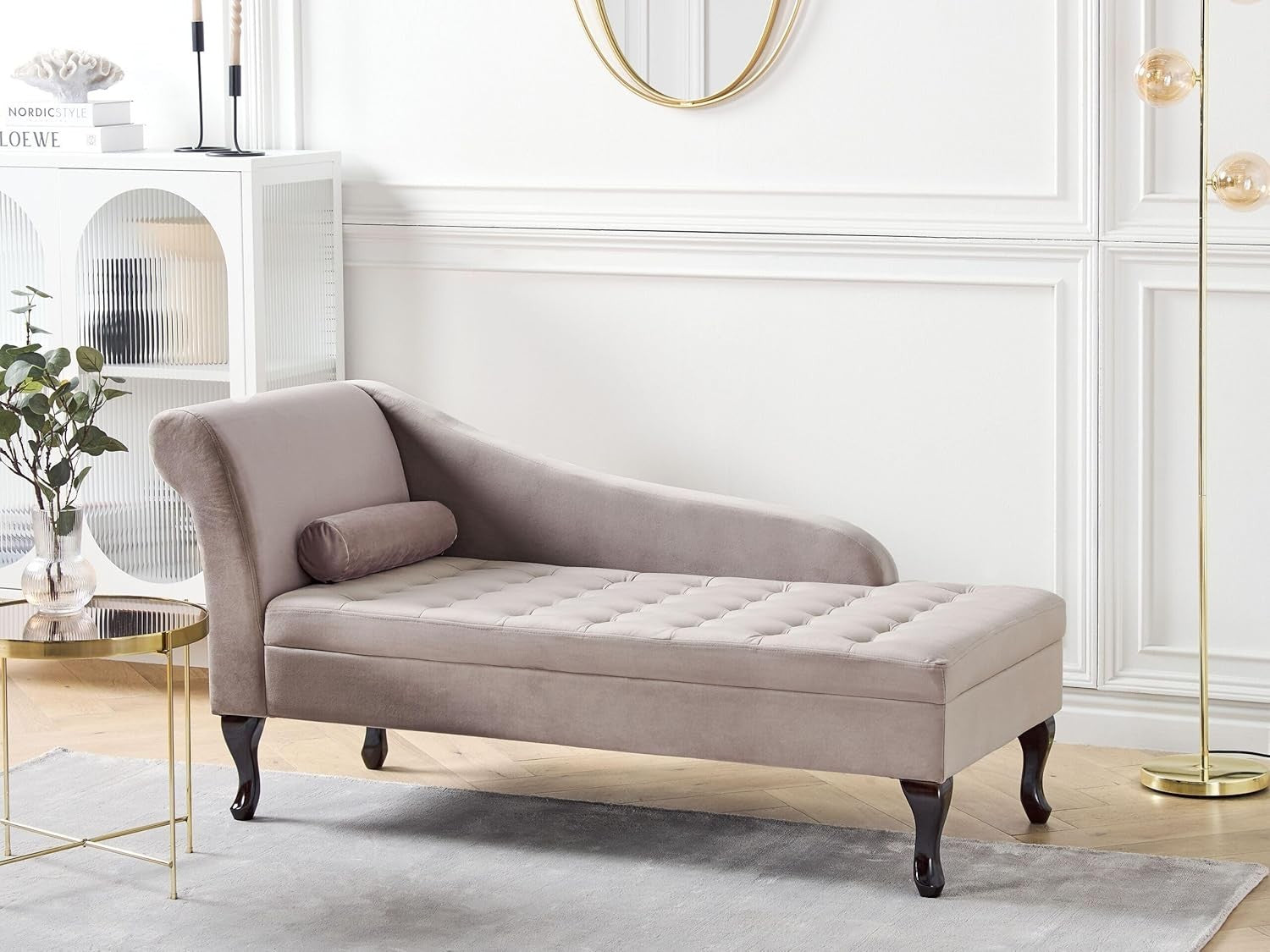 Left Hand Velvet Chaise Lounge with Storage Taupe Upholstery & Black Legs 145cm