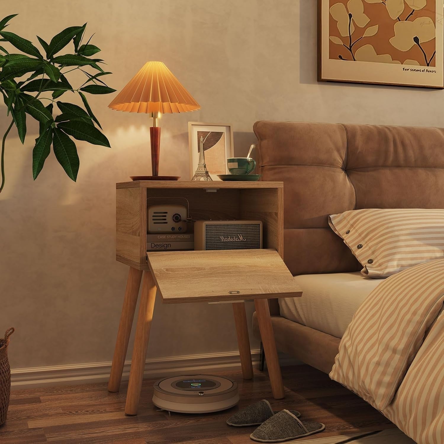 Natural Rattan Bedside Tables Set of 2, Modern Wood Nightstands with Drawer