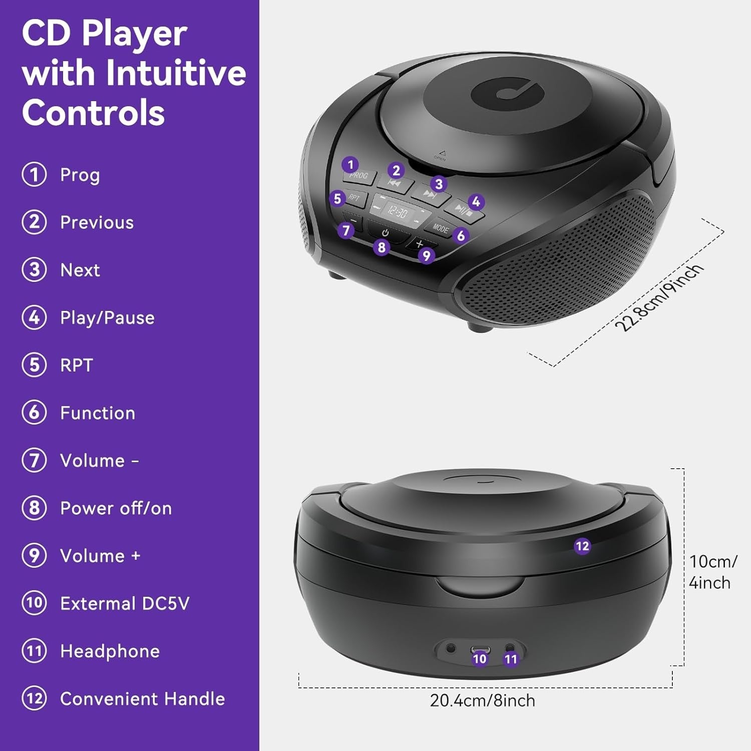 Portable CD Player Boombox Speakers FM Radio AUX Headphone Jack Black