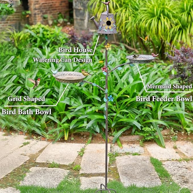 67.9" Metal Bird Bath & Birdhouse 3-in-1 Feeder Pole – Outdoor Garden Décor