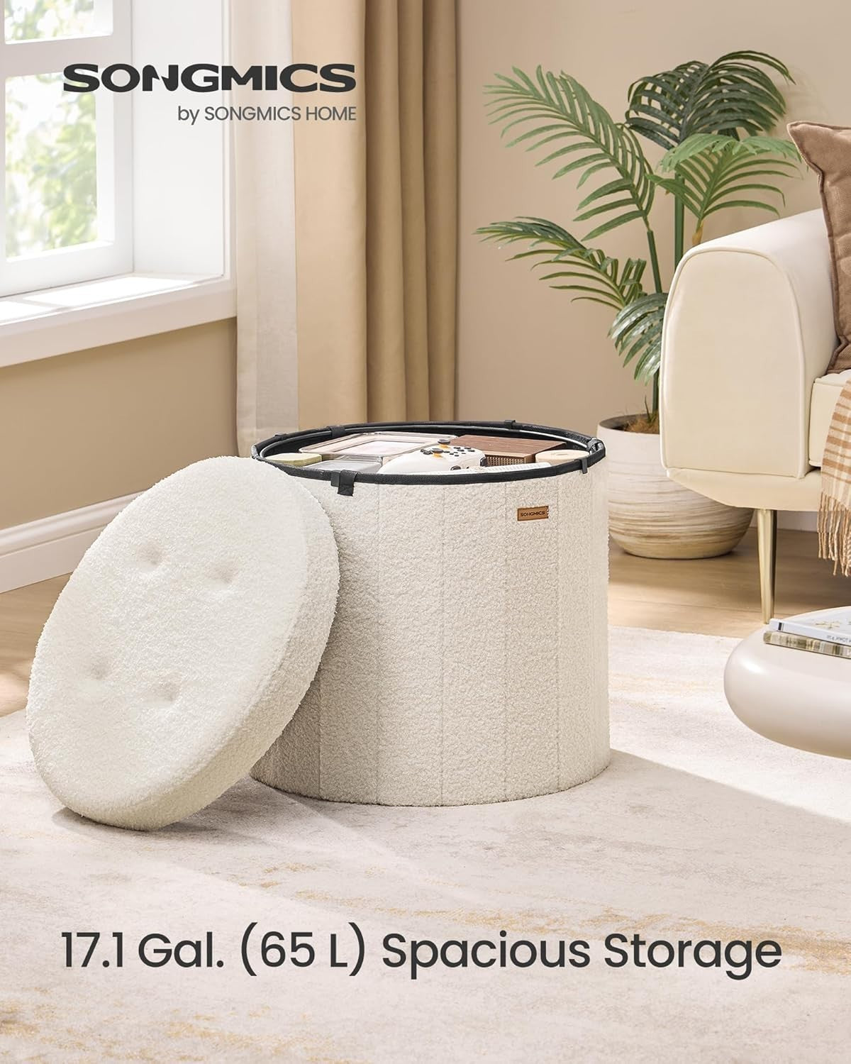 Cream Teddy Fleece Round Storage Ottoman Foldable Footstool Seat 46cm