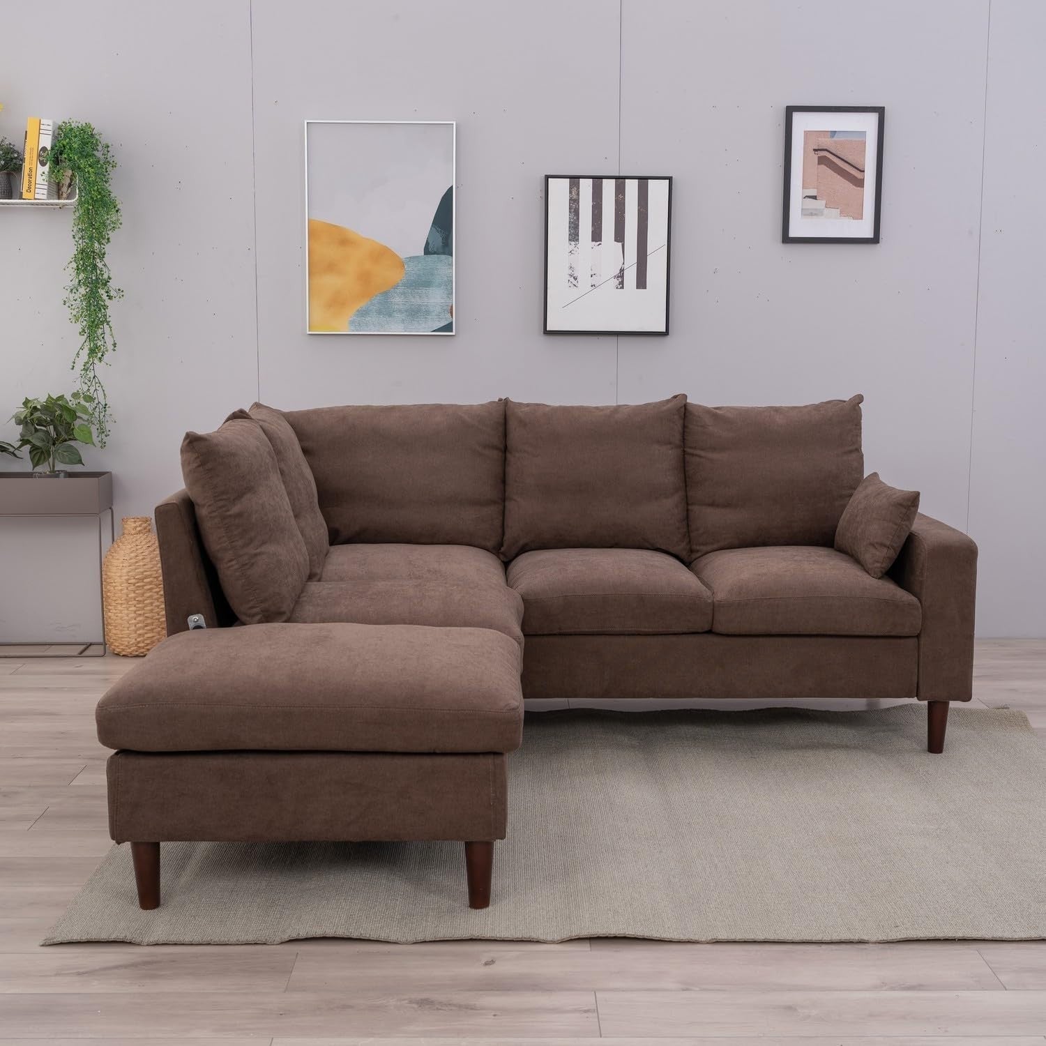 5 Seater L Shape Corner Sofa w/ Chaise & USB Charging | Brown Linen