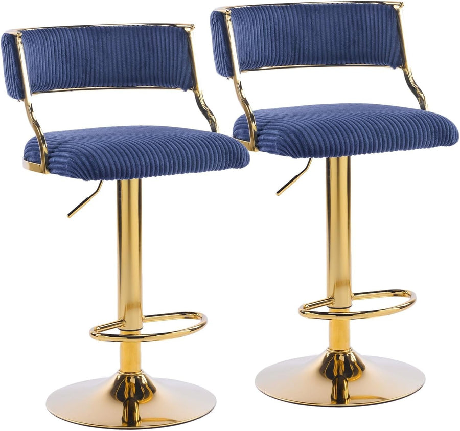 Blue Corduroy Adjustable Swivel Bar Stools Set of 2 with Back