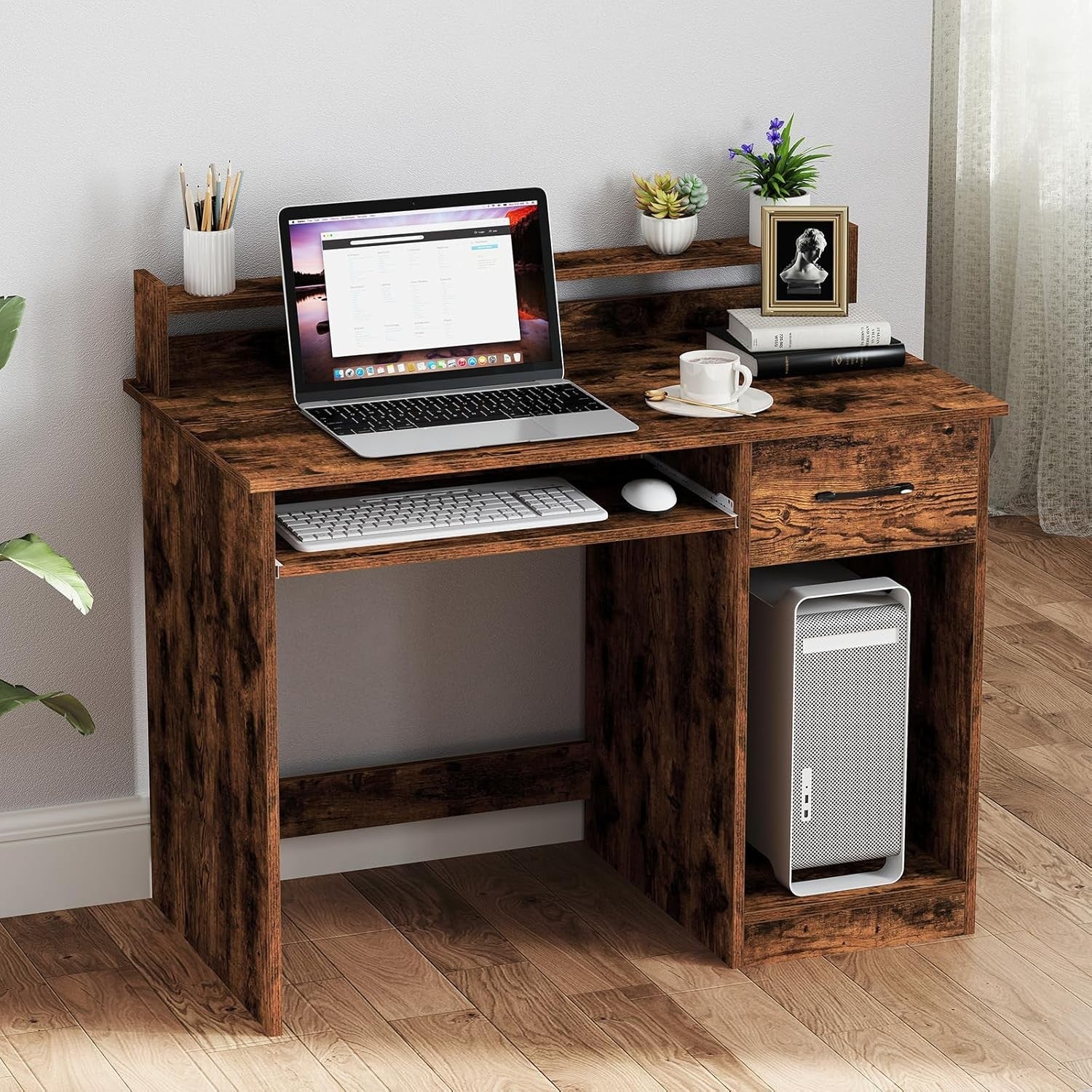 Rustic Brown Computer Desk with Storage Shelves Drawer Keyboard Tray