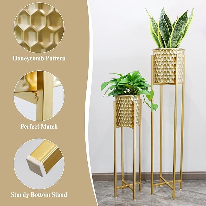 Set of 2 Tall Gold Metal Planters with Stand Indoor Outdoor Modern Plant Pots