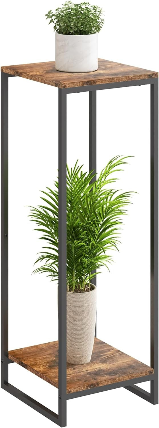 34" Tall 2 Tier Rustic Brown Metal Plant Stand Indoor Flower Pot Shelf