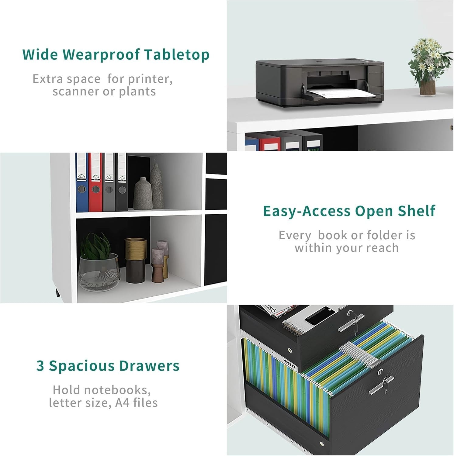 Wide Mobile Filing Cabinet 3 Drawer Lockable Printer Stand White Black