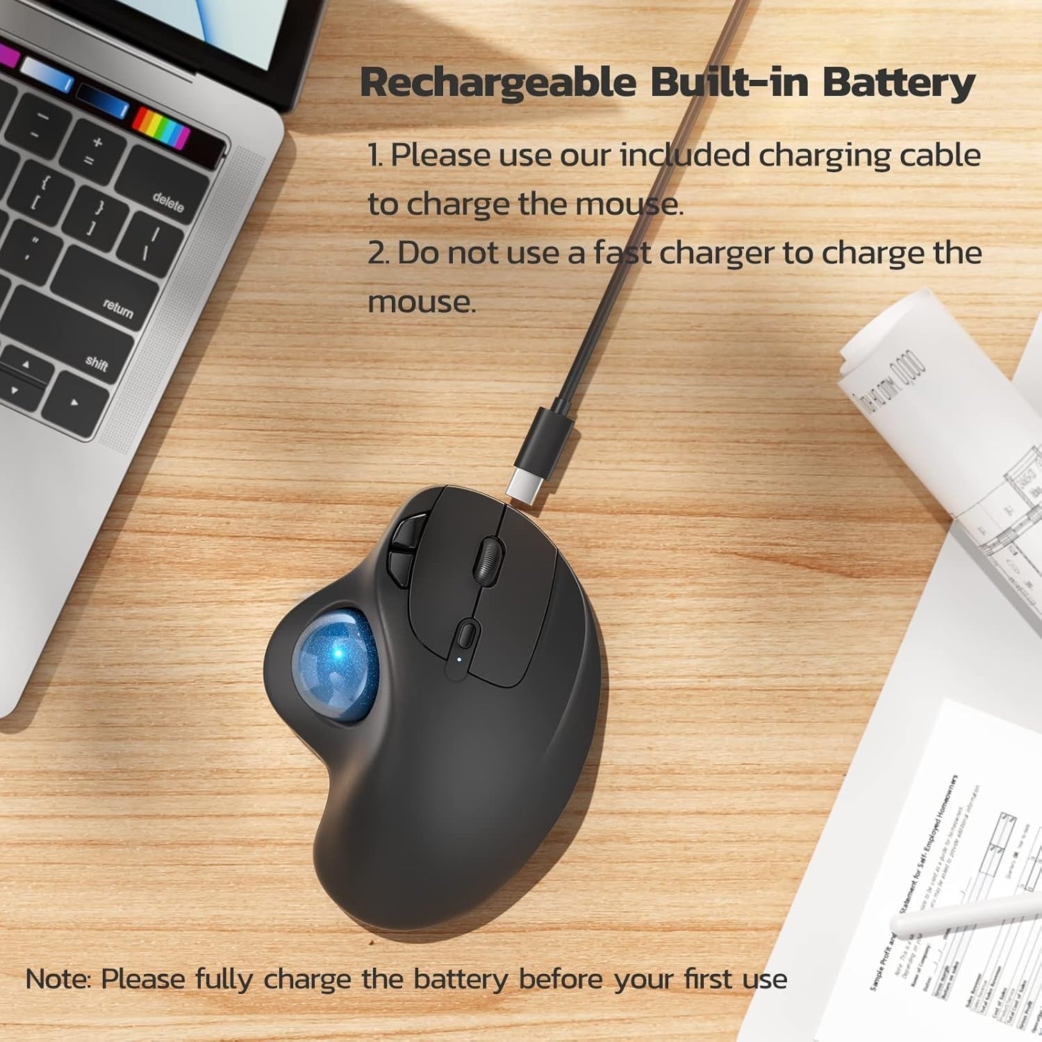 Wireless Trackball Mouse Ergonomic Rechargeable Bluetooth USB 3 Device Blue Ball