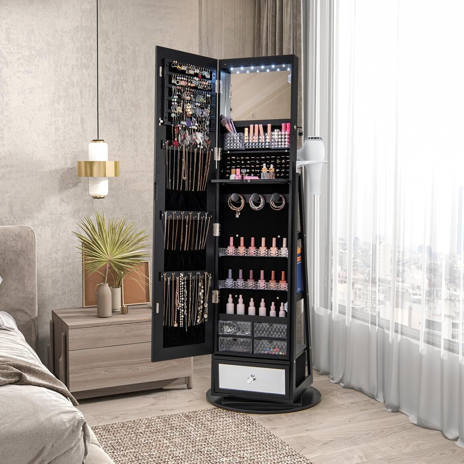 Black 360° Swivel LED Jewelry Cabinet Mirror Lockable Storage with Shelves