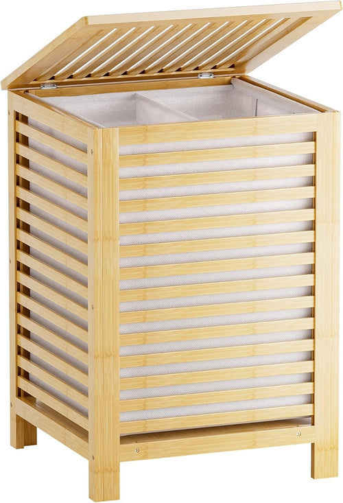 Natural Bamboo Double Laundry Hamper with Lid 120L 2 Section Basket 47x47x65cm