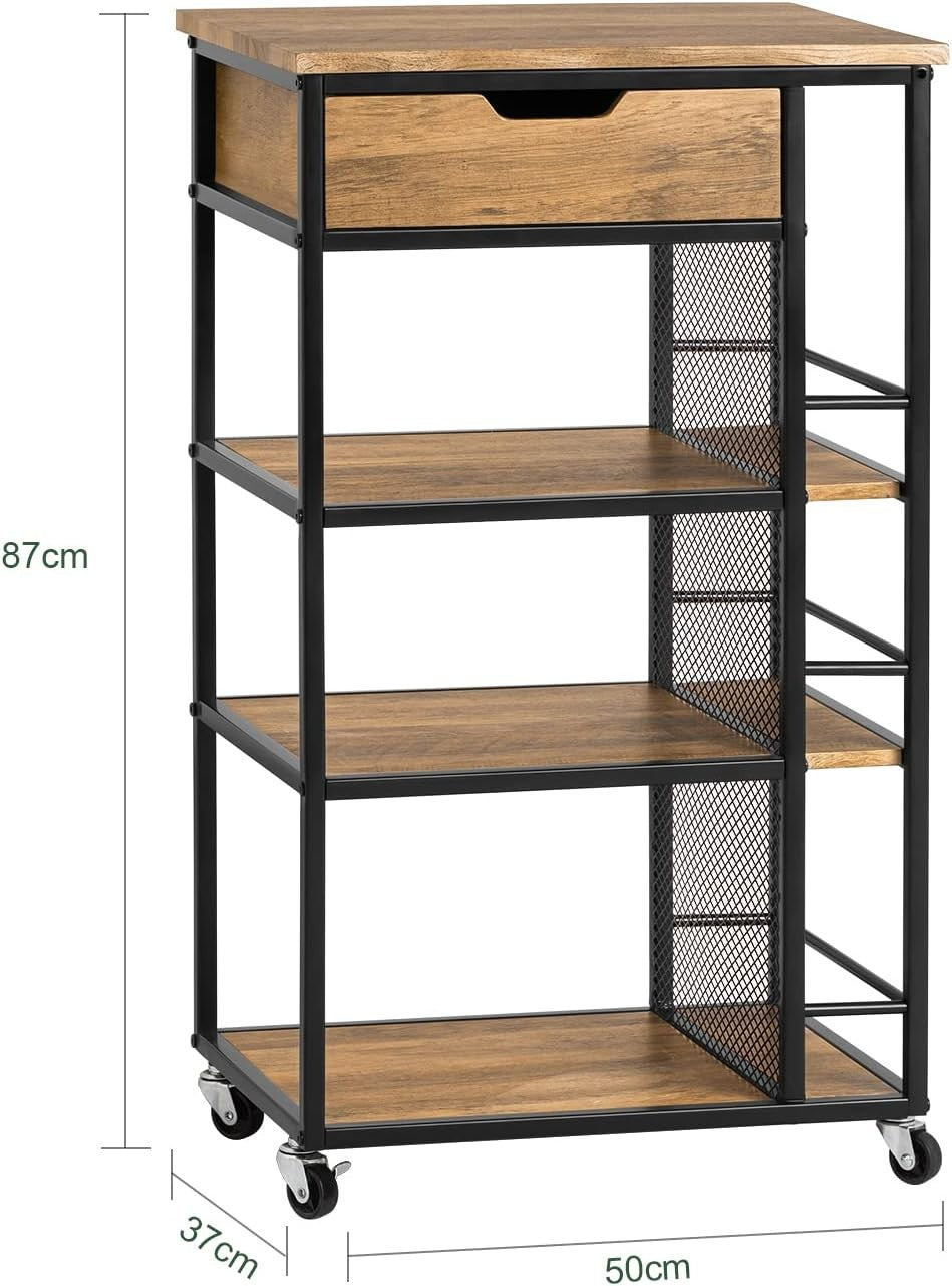 Industrial Kitchen Trolley on Wheels with Drawer 3 Shelves Storage Cart