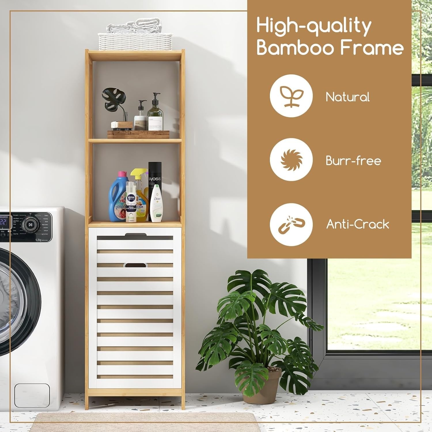 Bamboo Laundry Hamper with Shelves | Tilt-Out Basket & Removable Liner 130cm