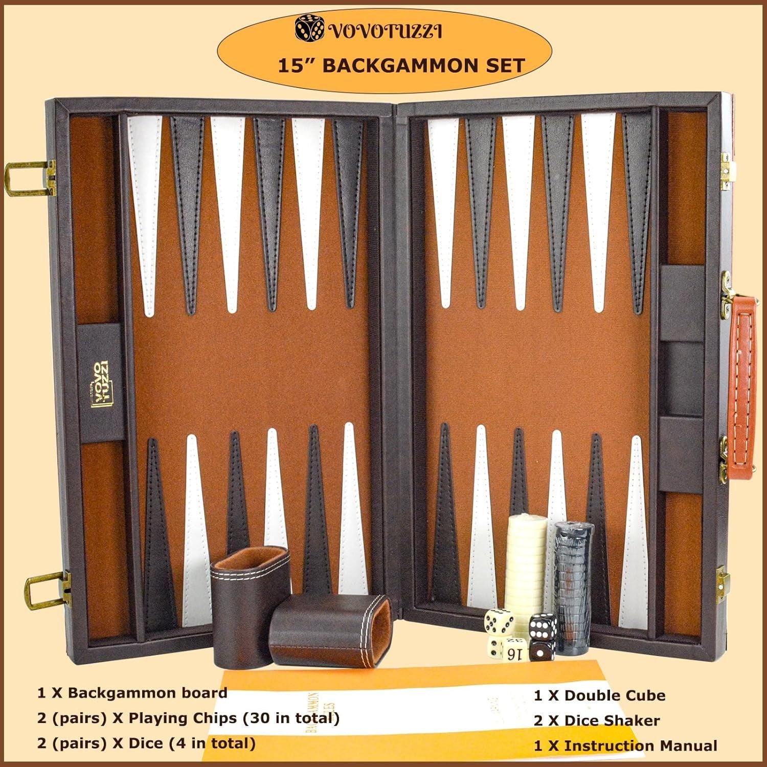 15” Leather Backgammon Set Travel Board Luxury Foldable Game for Adults