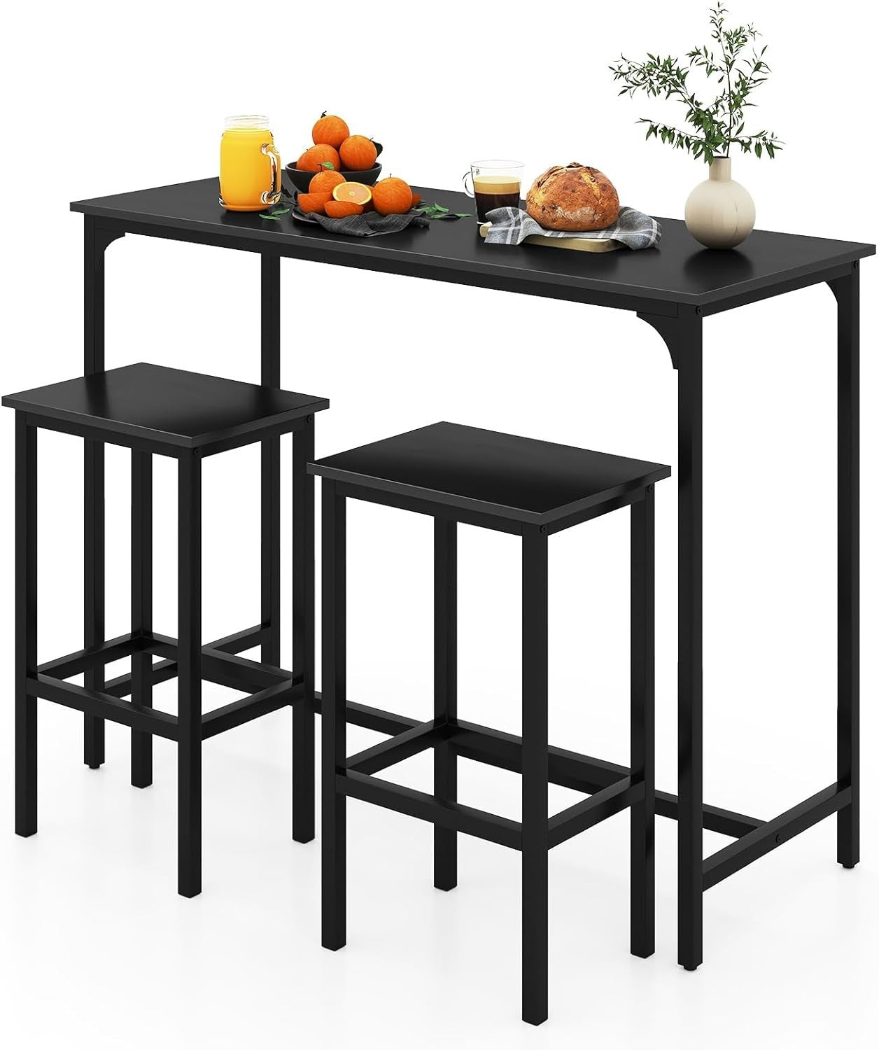 3-Piece Black Bar Table Set with 2 Stools, Metal Frame Space Saving Dining Set