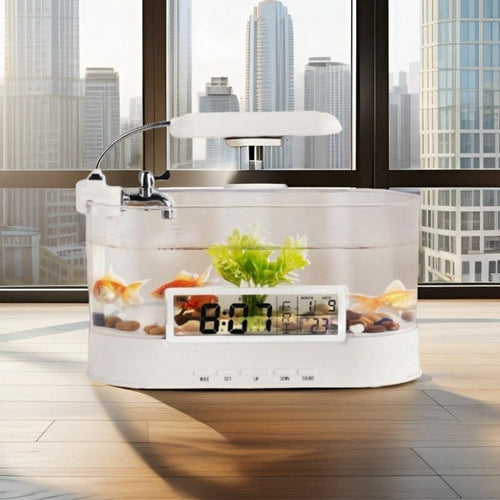 Compact LED Fish Tank Aquarium with Desk Lamp, Alarm Clock & Calendar