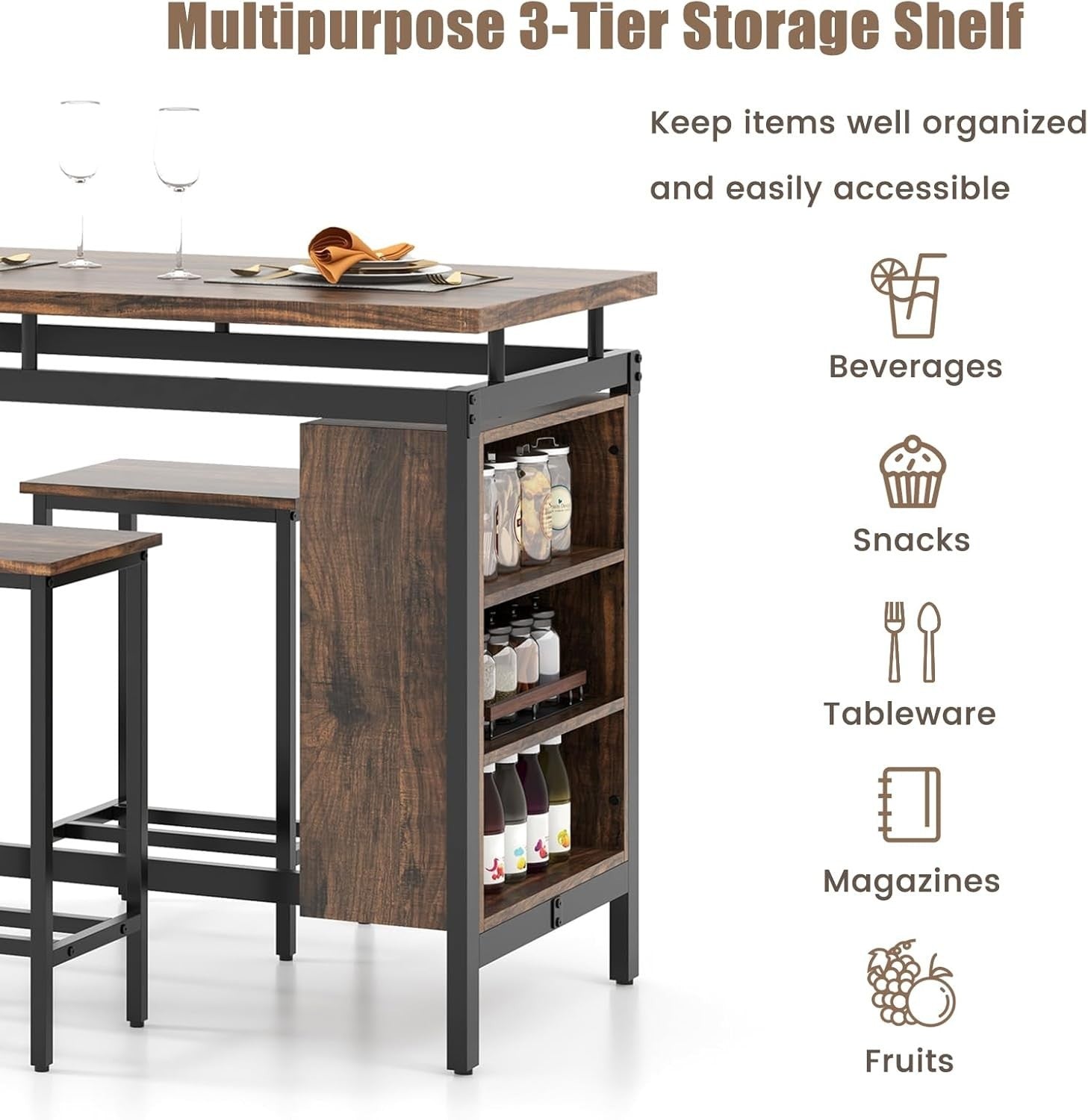 3PCS Brown+Black Dining Table Set with Stools, Space-Saving Bar Table Furniture