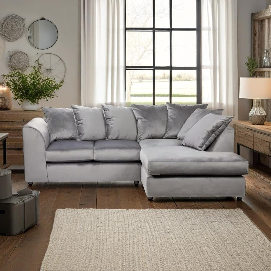 Grey Plush Velvet 4 Seater L Shape Modular Corner Sofa RH/LH - Luxury Comfort