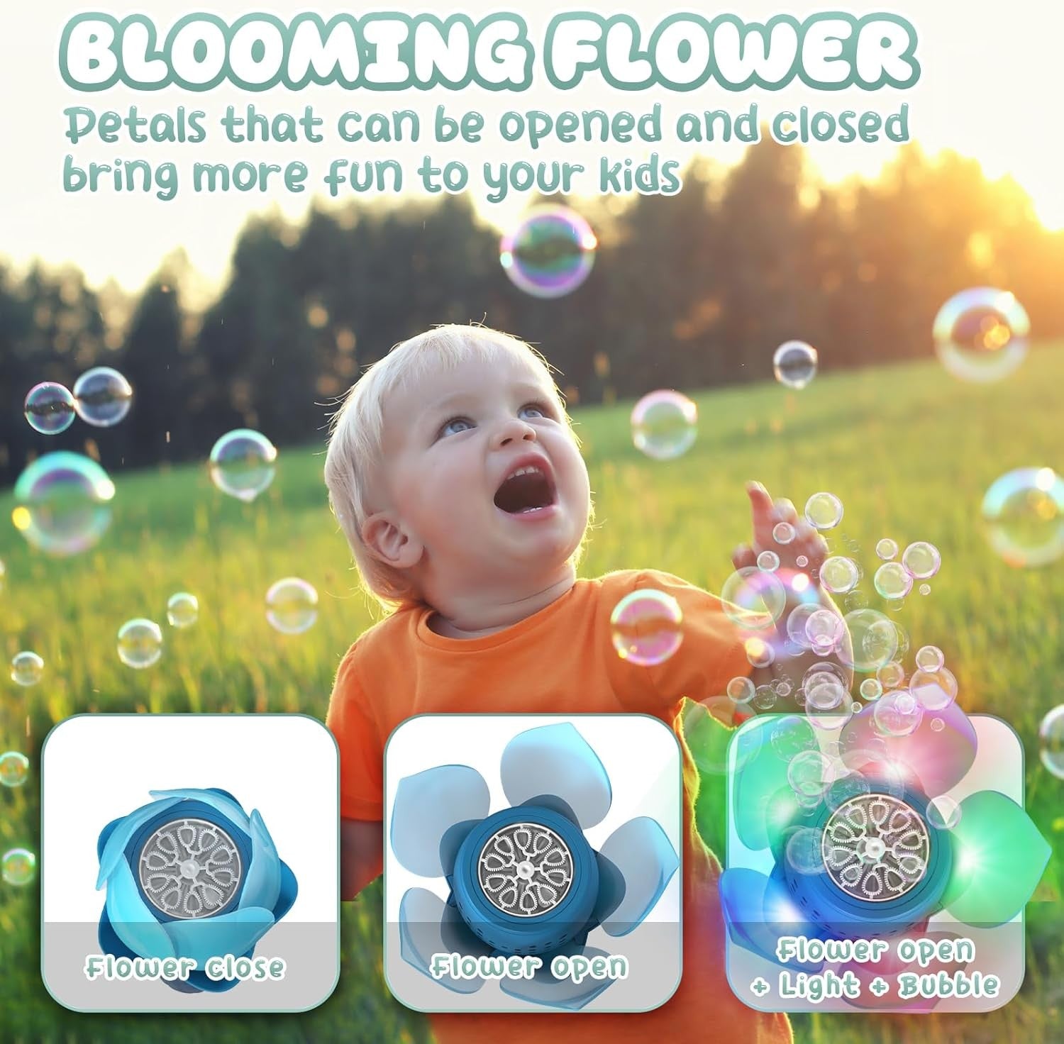 Lotus Bubble Wand for Kids LED Rechargeable Bubble Machine Blue