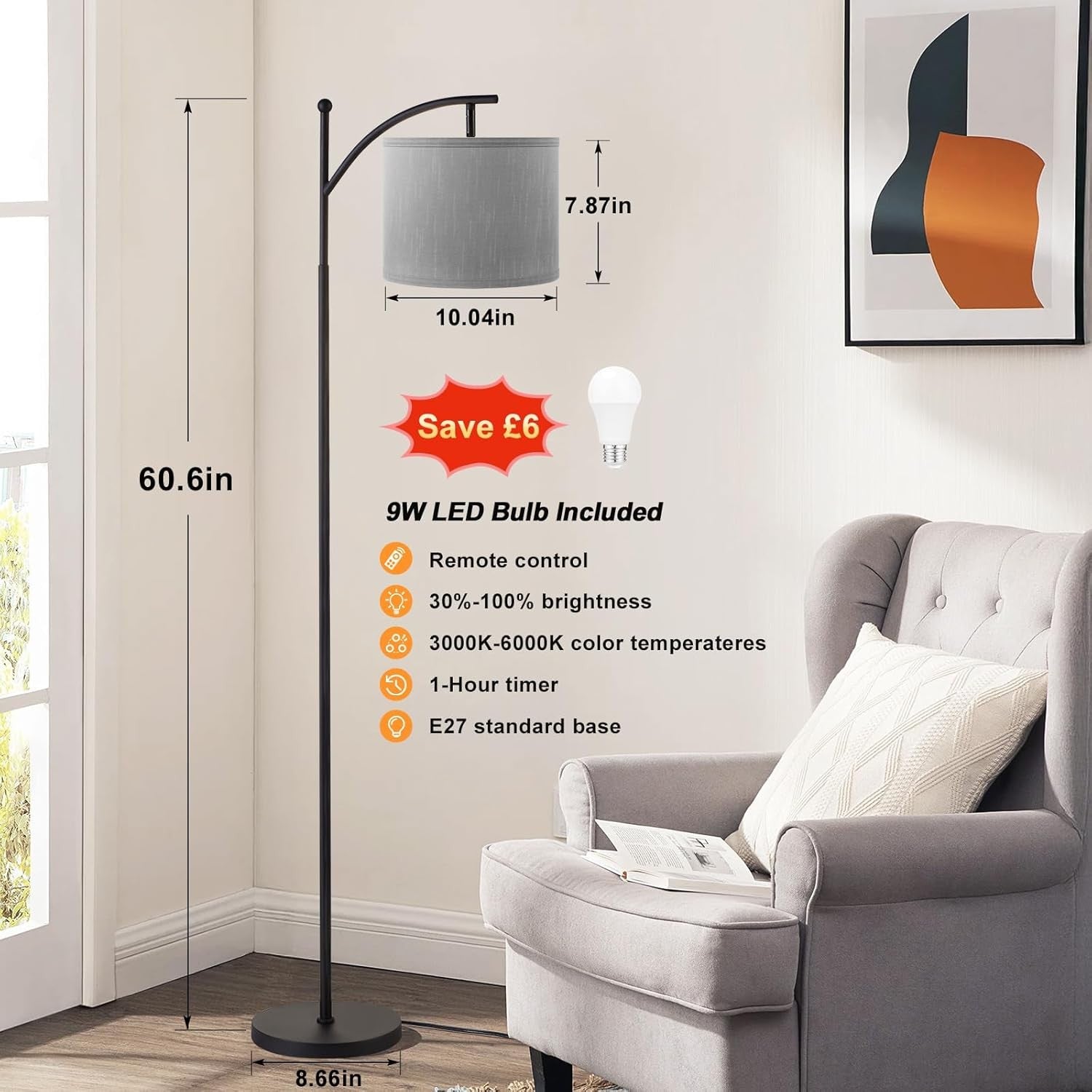 Modern Arc Floor Lamp Dimmable LED Remote Control Room Standing
