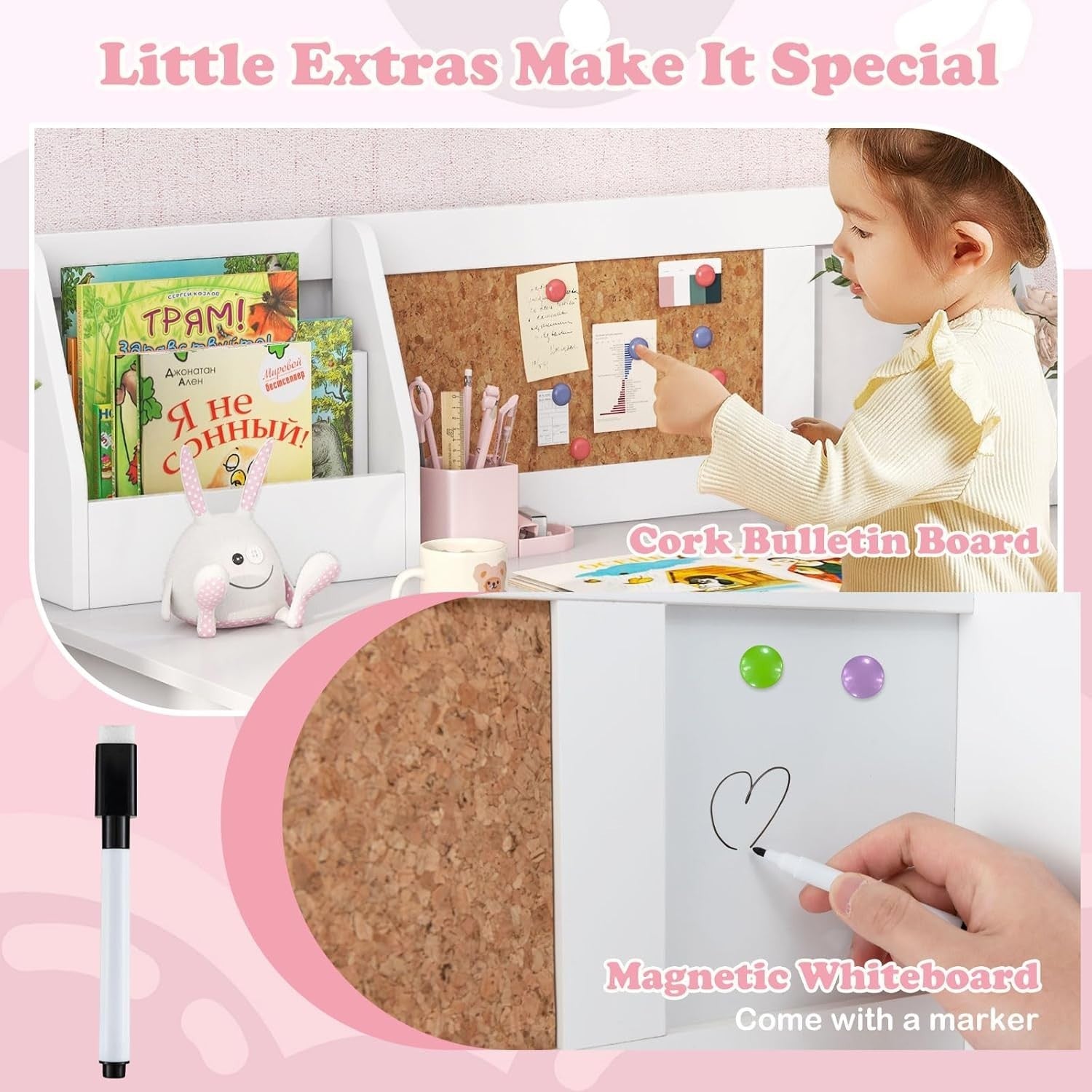 Kids Wooden Study Desk and Chair Set with Storage Whiteboard White