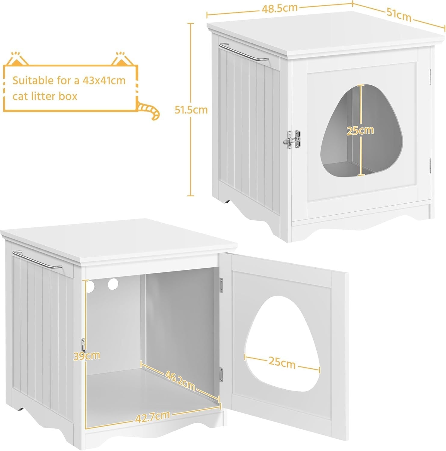 Hidden Cat Litter Box Furniture with Towel Bar, Enclosed Cabinet White