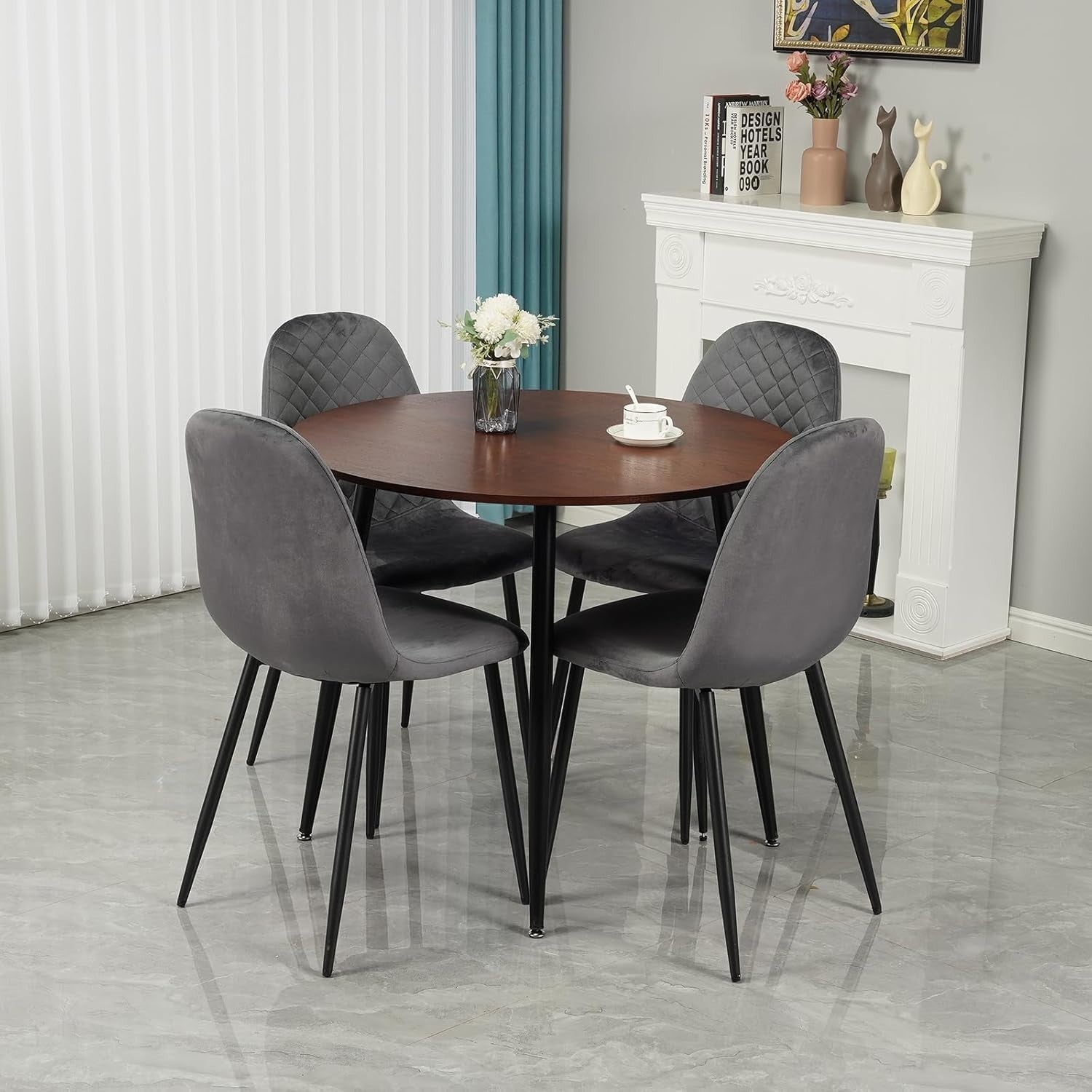 Modern Round 90cm Dining Table Set 4 Velvet Chairs Kitchen Living Room