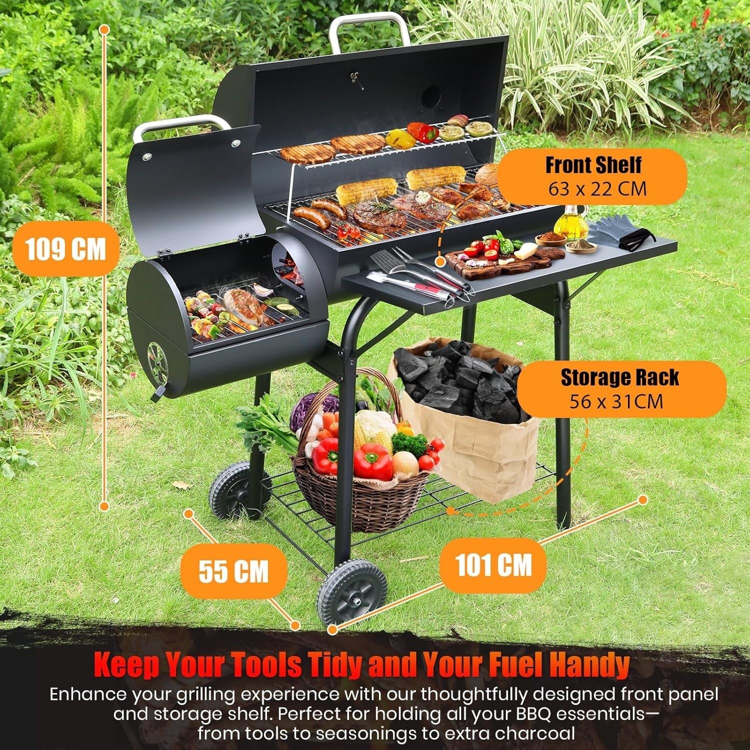 Large Charcoal BBQ Grill with Offset Smoker | Built-In Thermometer