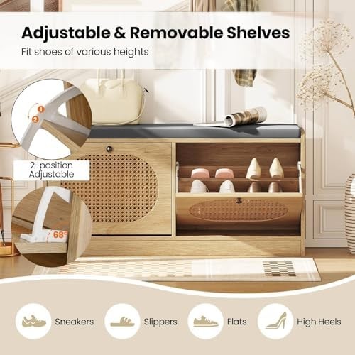 Rattan Shoe Bench with Cushion 2-Door Storage Cabinet Adjustable Shelves Unit