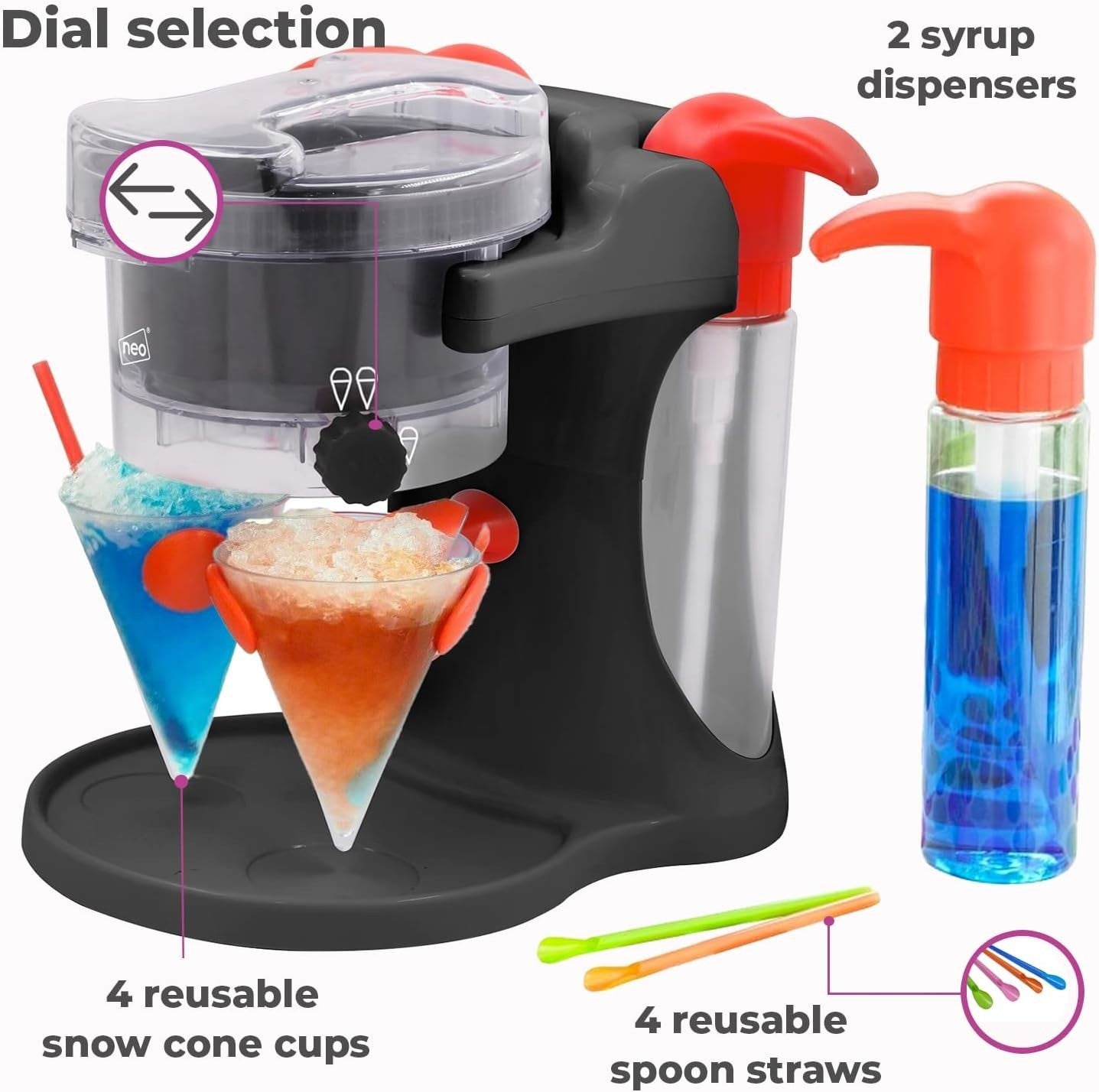 Electric Slushie Ice Crusher Snow Cone Maker with Dual Syrup Dispensers