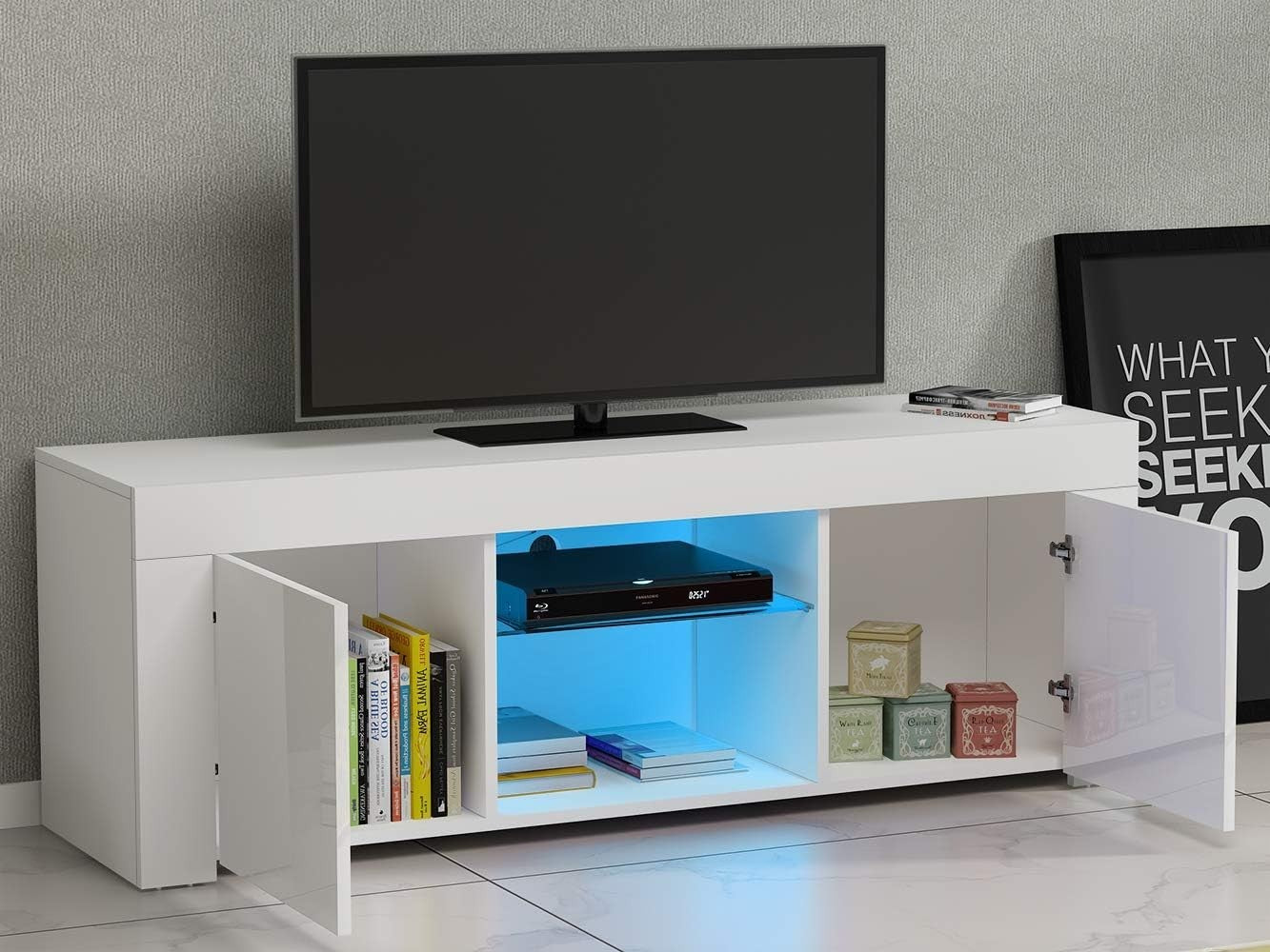White Modern TV Stand for 50” TVs with RGB LED Light & Storage Cabinets