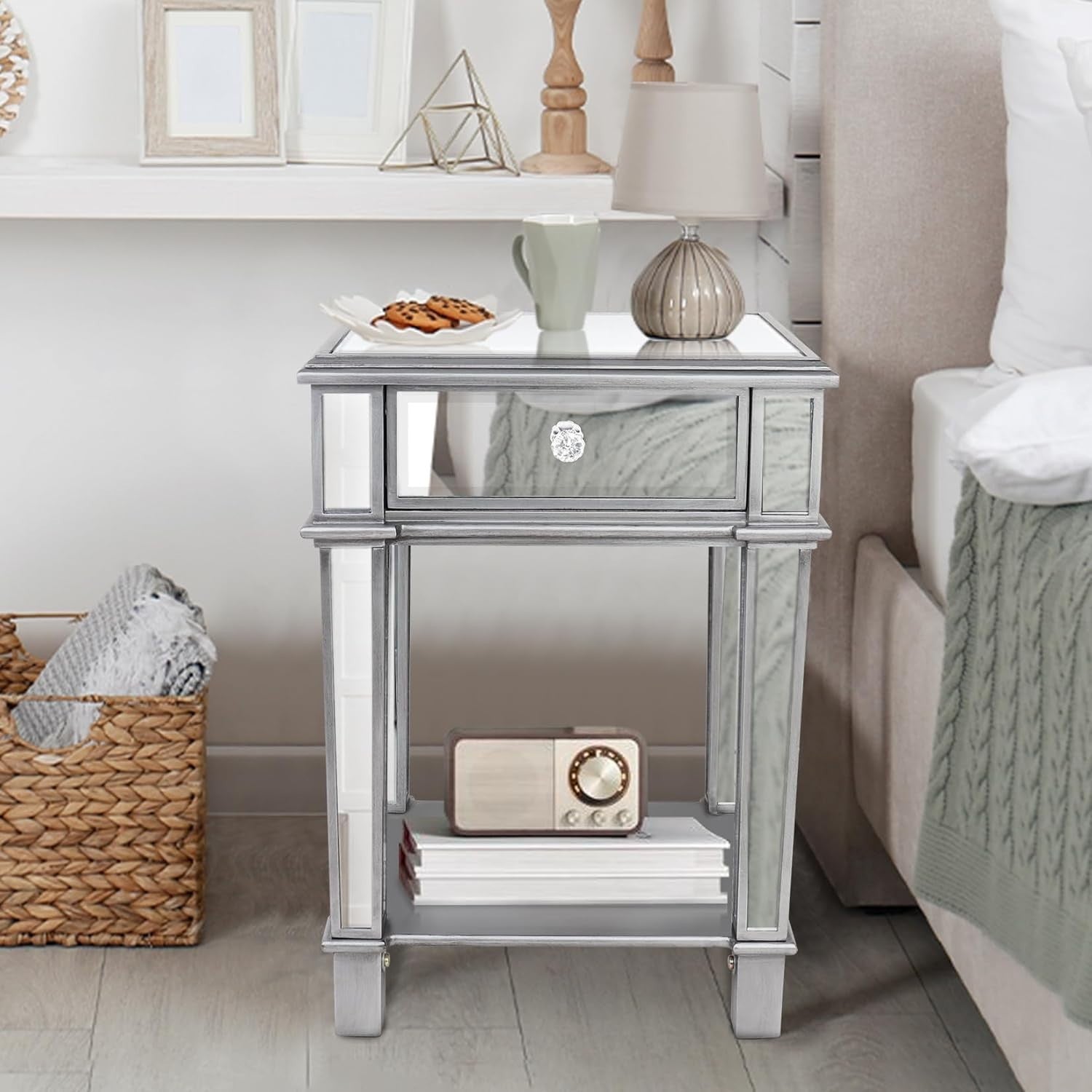 Silver Mirrored Bedside Table with Drawer & Shelf – Luxury Glass Nightstand