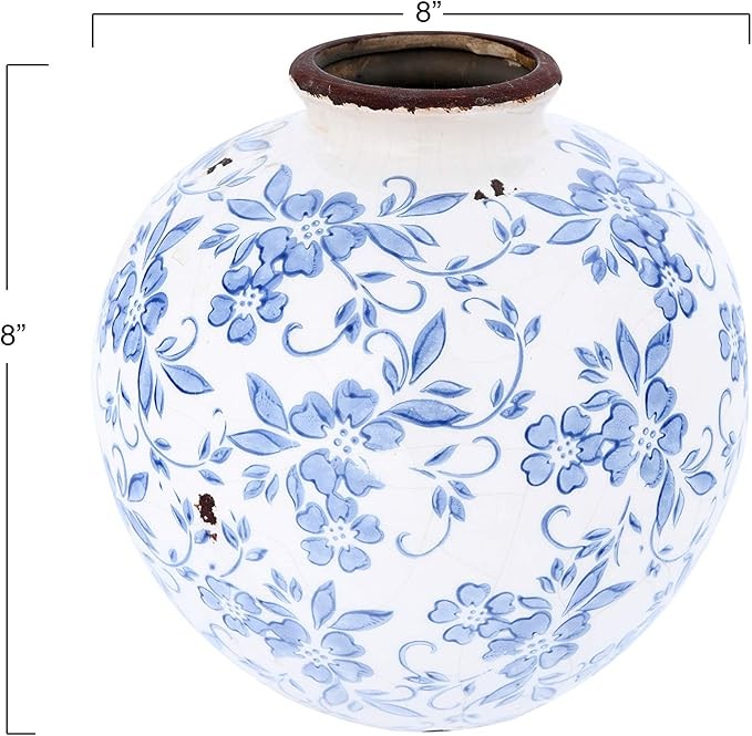 Blue Terracotta Floral Vase Crackle Finish Decorative Table Home Decor