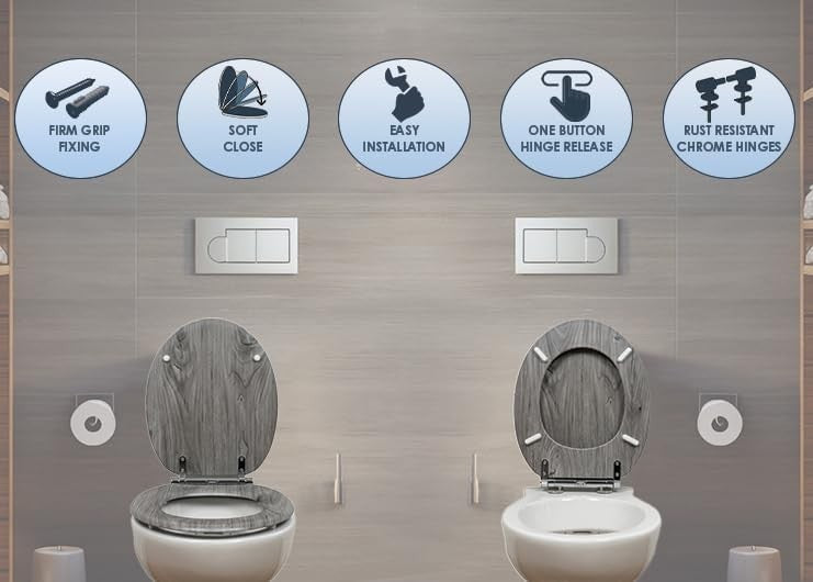 Grey Oak Effect Toilet Seat Soft Close MDF Quick Release Universal Fit 42x36cm