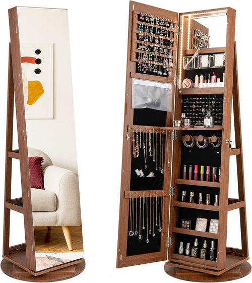 360° Swivel Jewelry Armoire Lockable Full Length Mirror LED Storage Brown