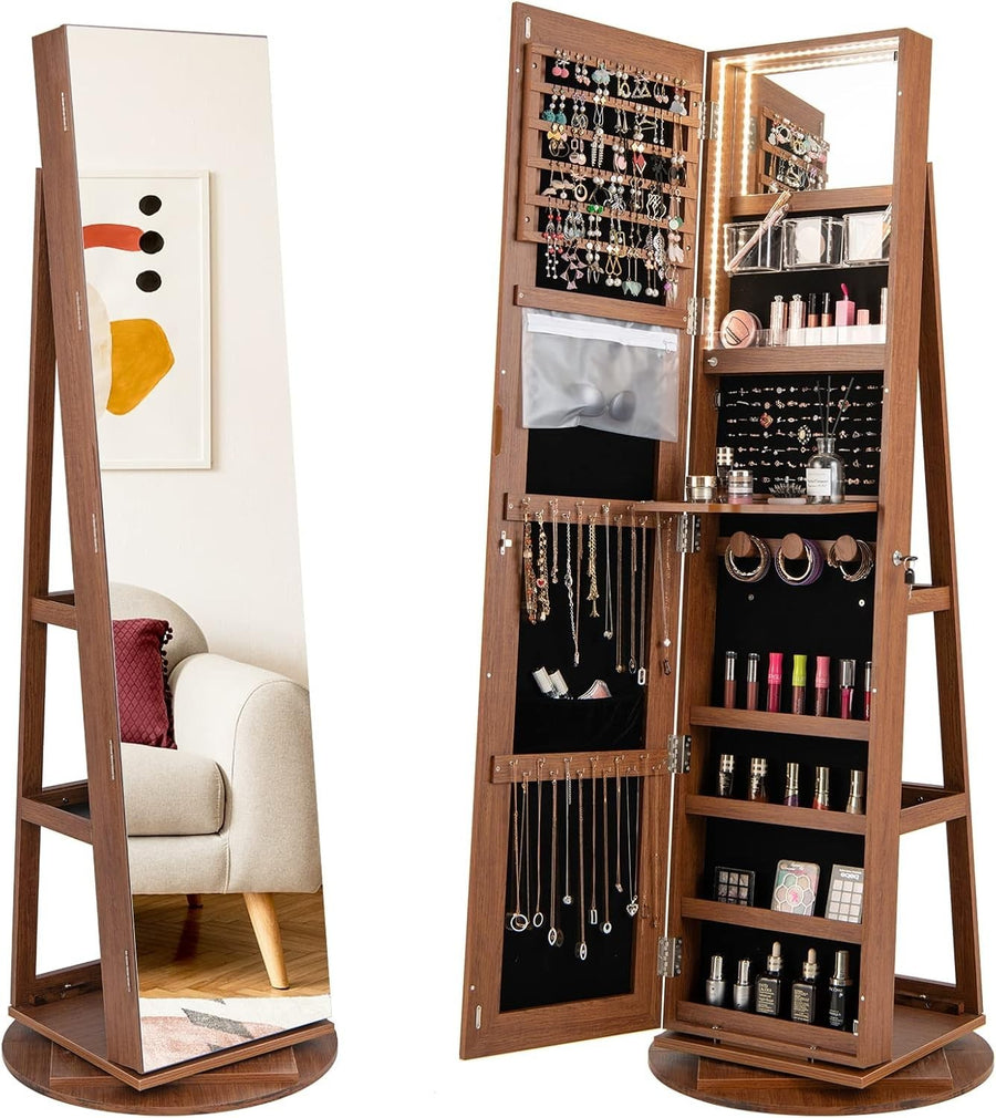 360° Swivel Jewelry Armoire Lockable Full Length Mirror LED Storage Brown
