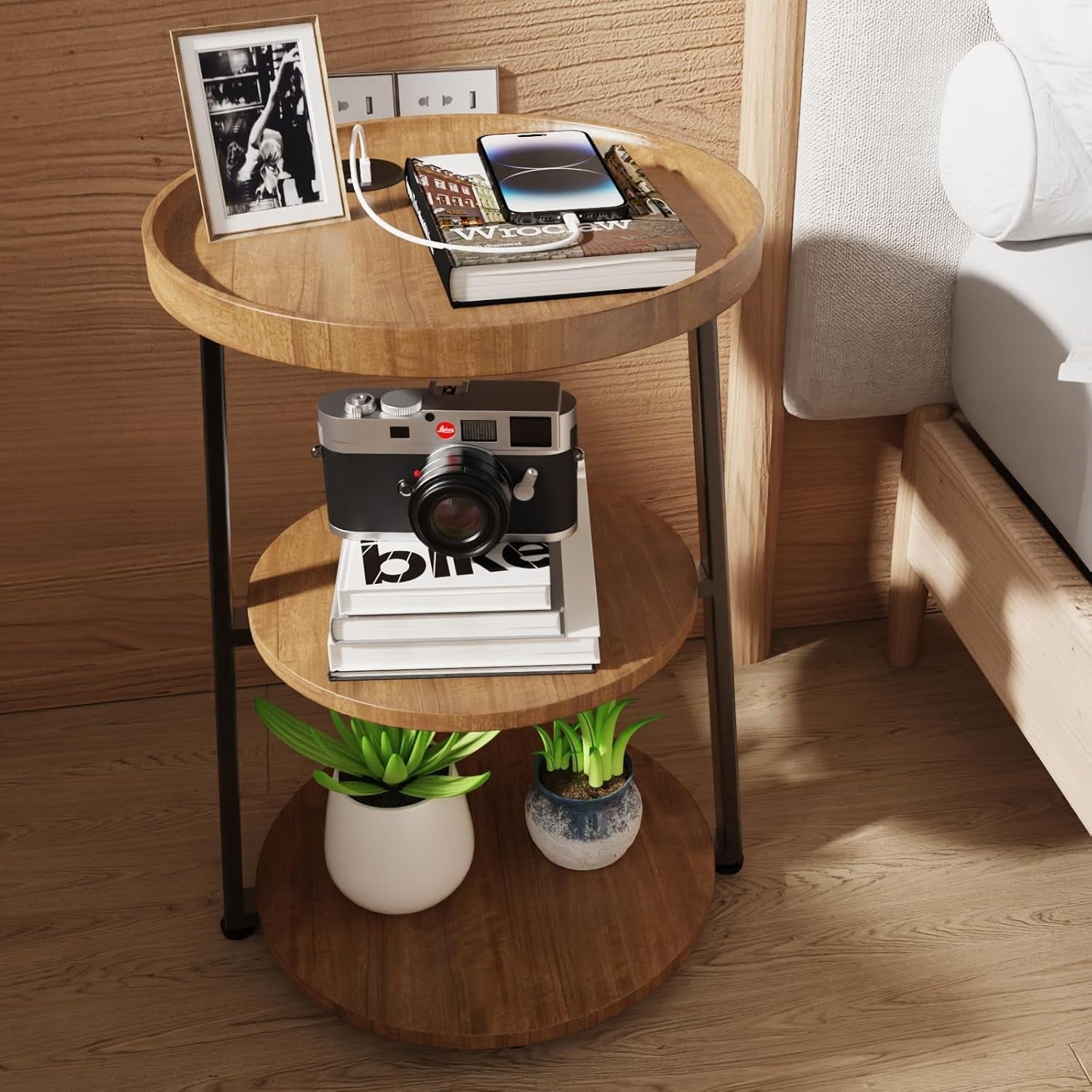 3-Tier Round Rustic Brown Side Table with Charging Station, 40x40x61cm