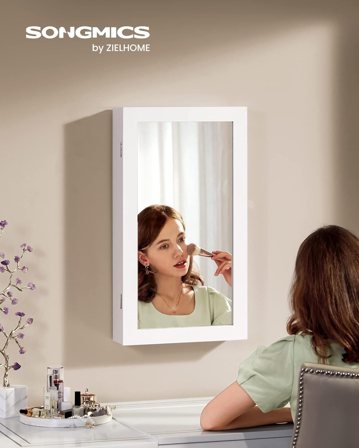 White & Black Mirrored Lockable Wall Mounted Jewelry Cabinet Organizer