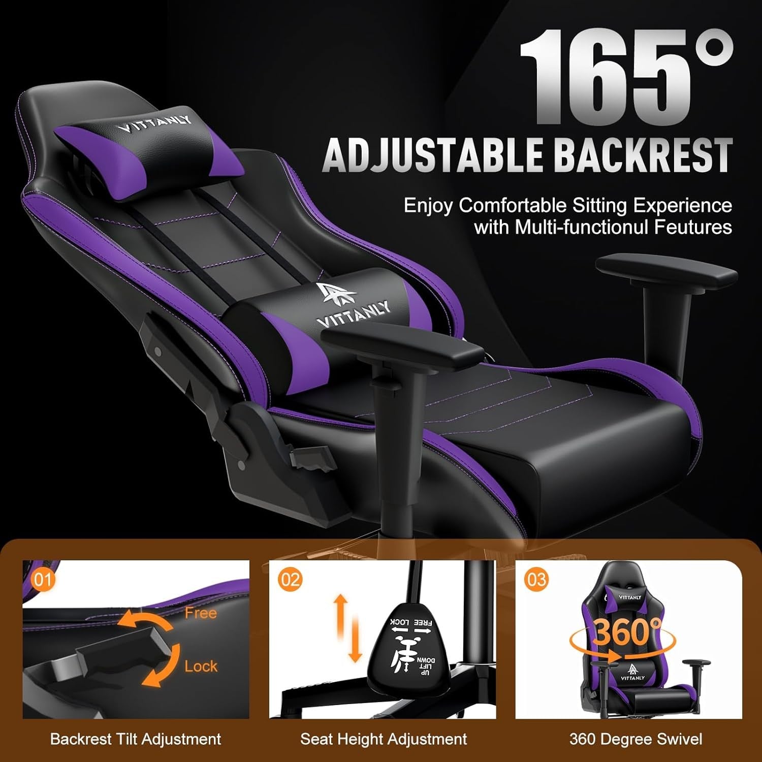 Ergonomic Gaming Chair Reclining Swivel PC Desk Chair Purple