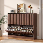 Wide Wooden Shoe Cabinet 4 Flip Drawers Ventilated Storage Modern Walnut