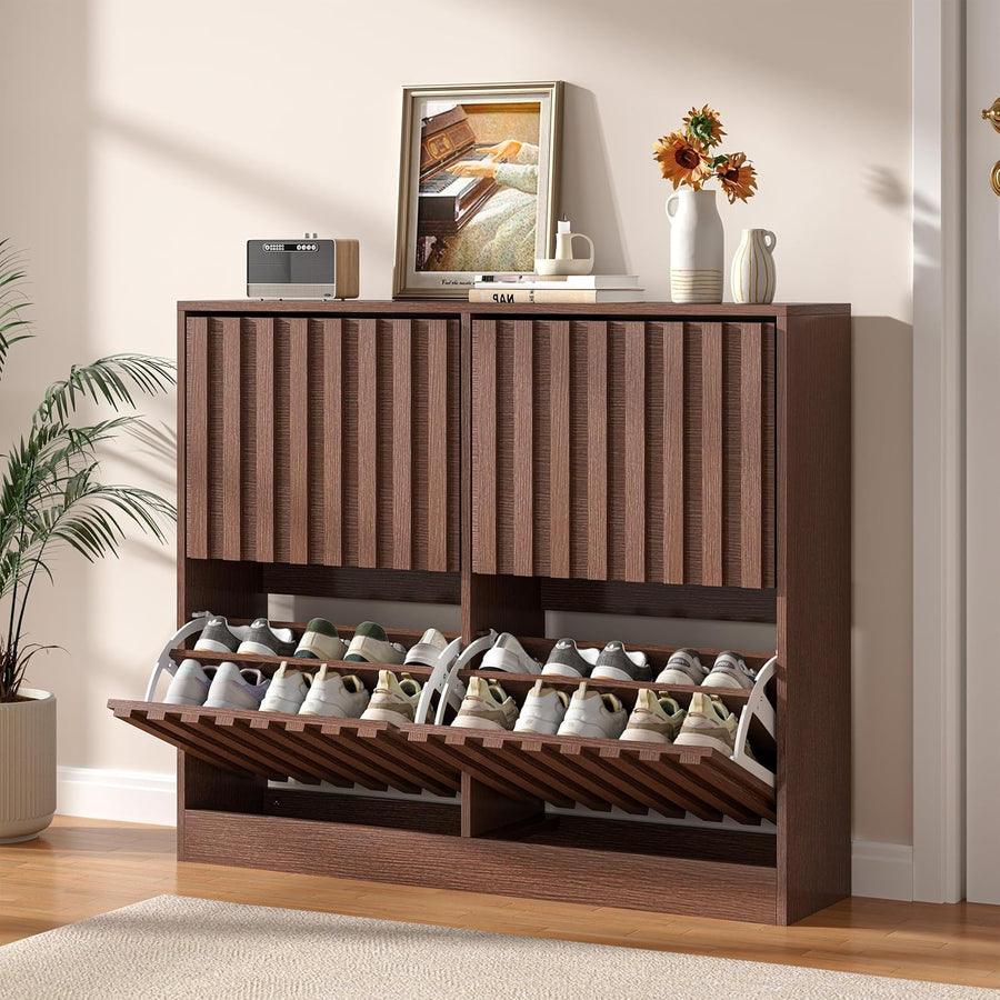 Wide Wooden Shoe Cabinet 4 Flip Drawers Ventilated Storage Modern Walnut