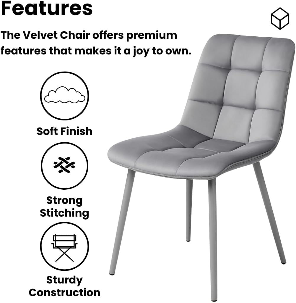 Grey 4 Seater Dining Table Set w/ Tufted Velvet Chairs | Stone Effect Finish