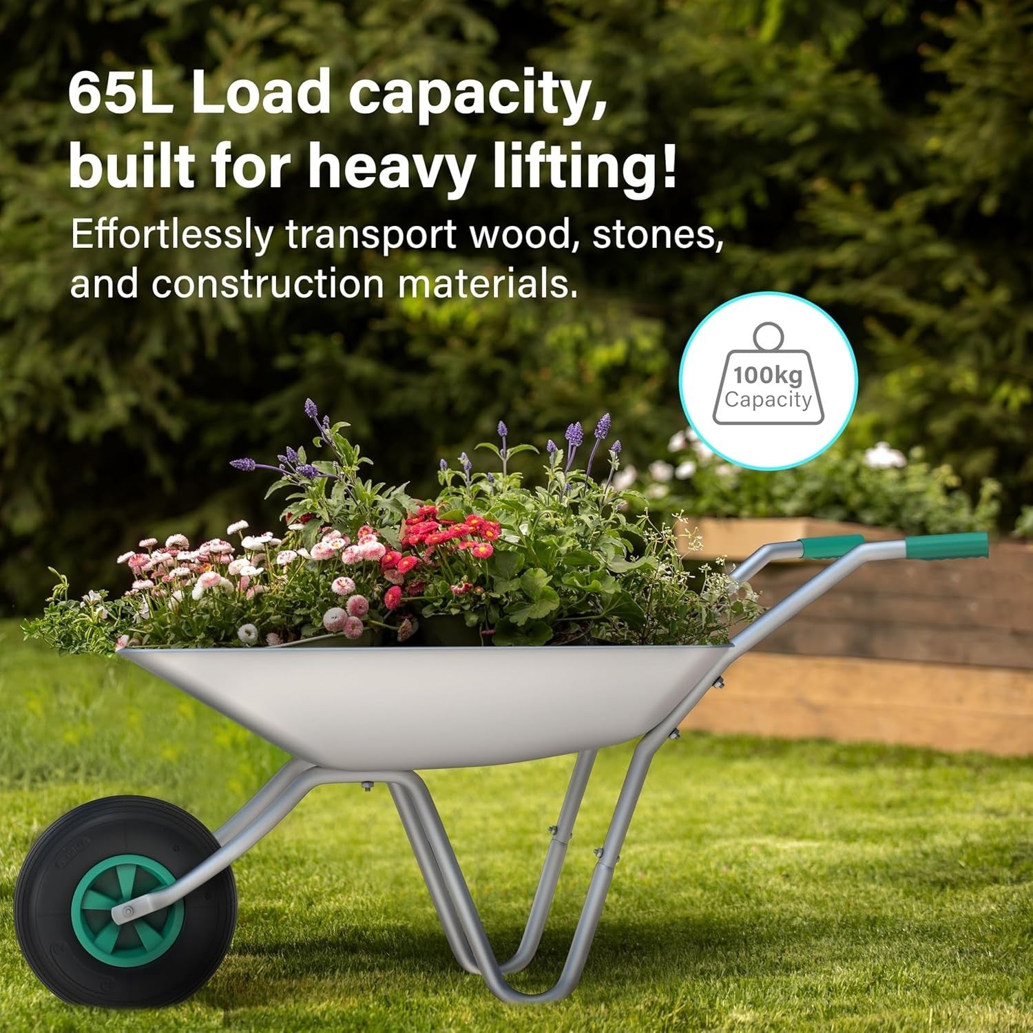 65L Garden Wheelbarrow – Galvanised Steel Tub w/ Pneumatic Tyre 100kg Capacity