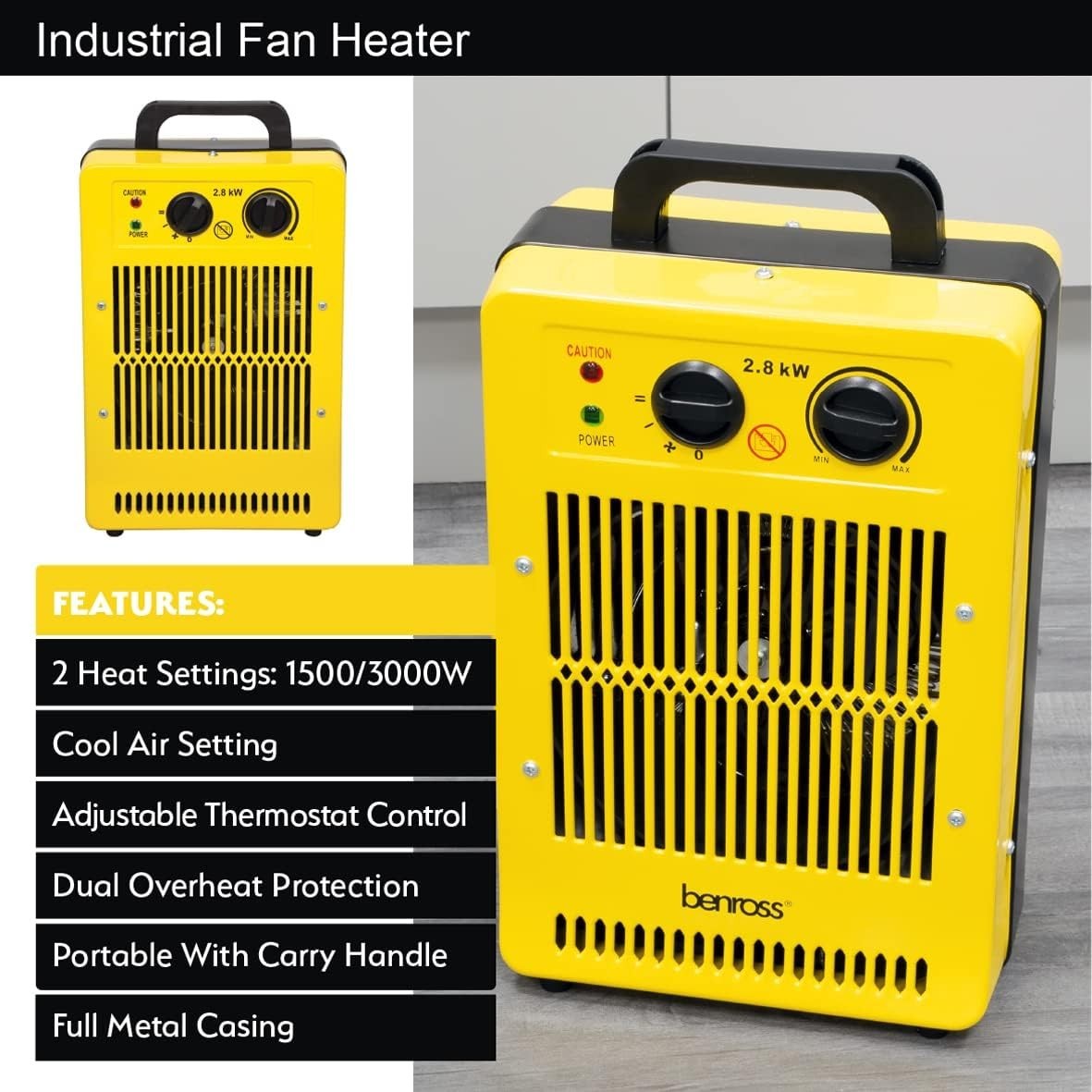 Industrial Fan Heater 2800W Portable Thermostat Low Noise Dual Overheat Safe