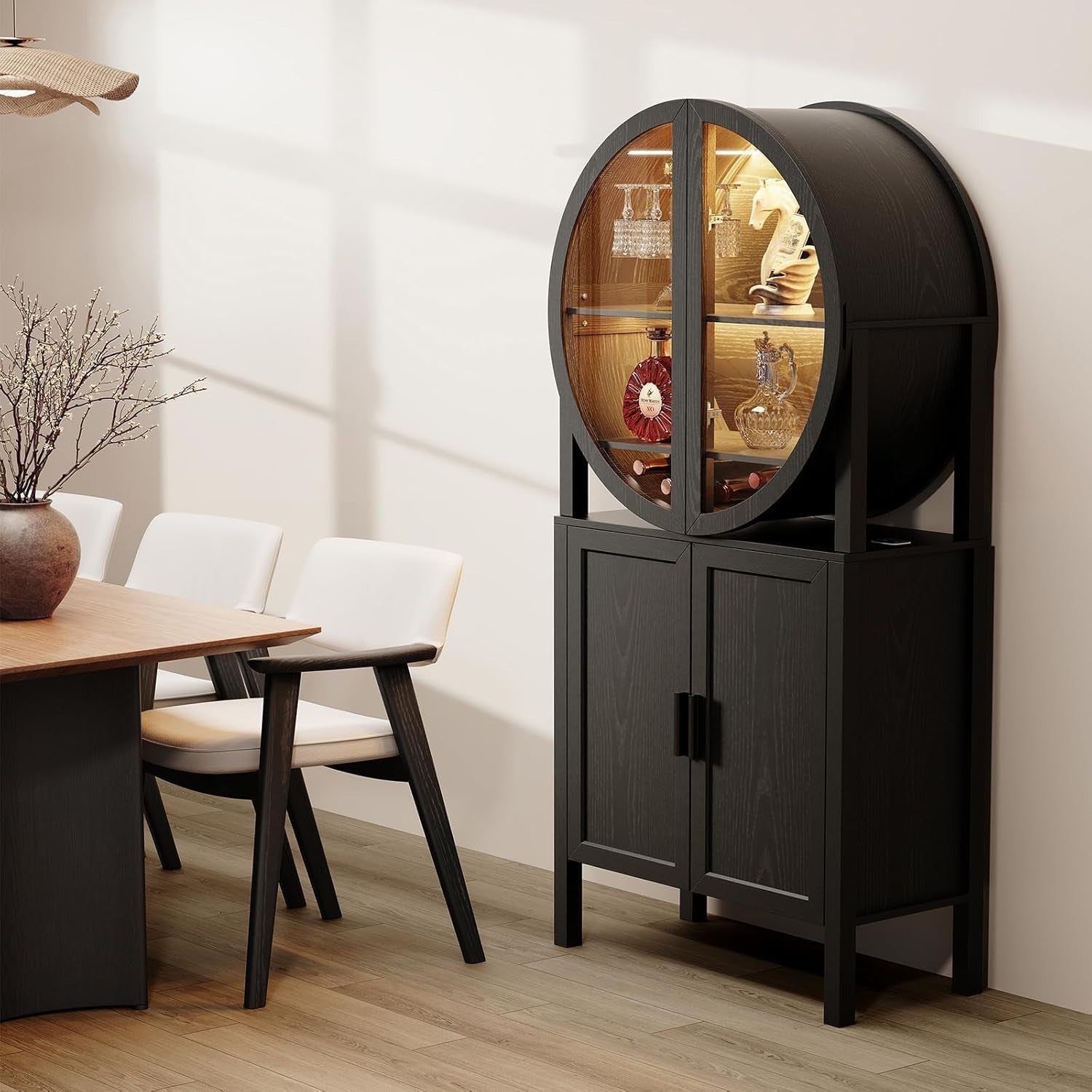 Round Wine Bar Cabinet with LED Lights, Tall Drinks Display Storage Unit, Black