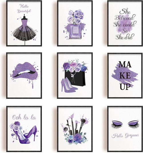 Purple Makeup Wall Art Prints Set 9pc 8x10in Unframed