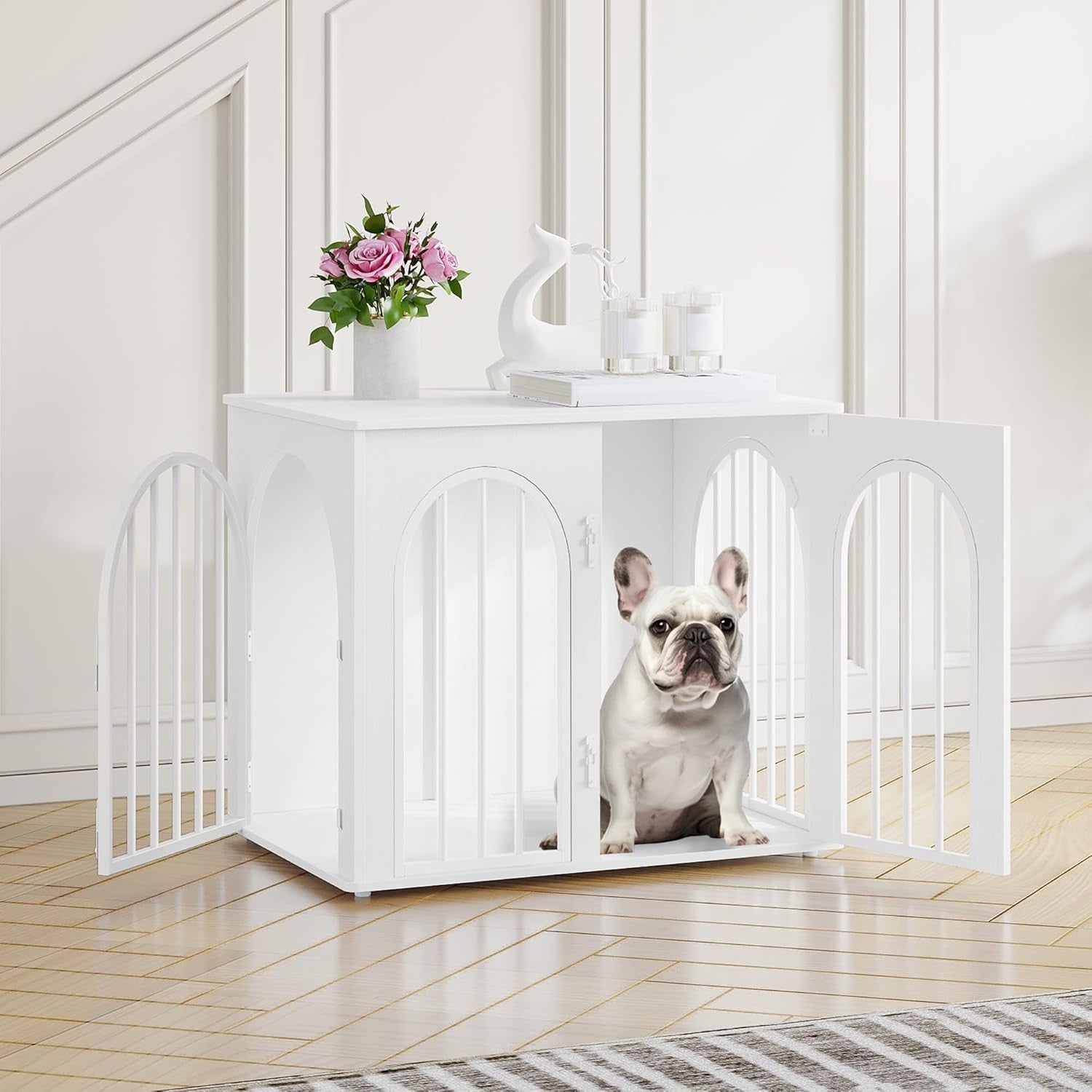 Indoor Small Dog Crate Furniture 68cm White Wooden Kennel Table, Lockable
