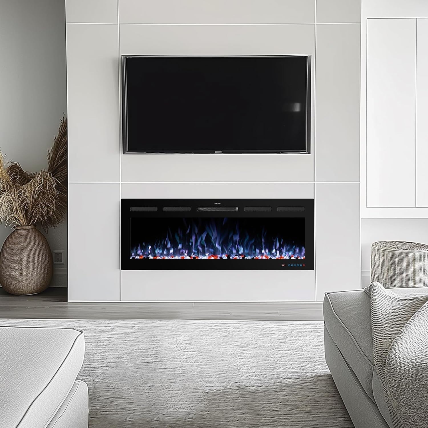 WiFi Electric Fireplace Insert 42" Recessed Wall Mount, Adjustable Flame & Timer