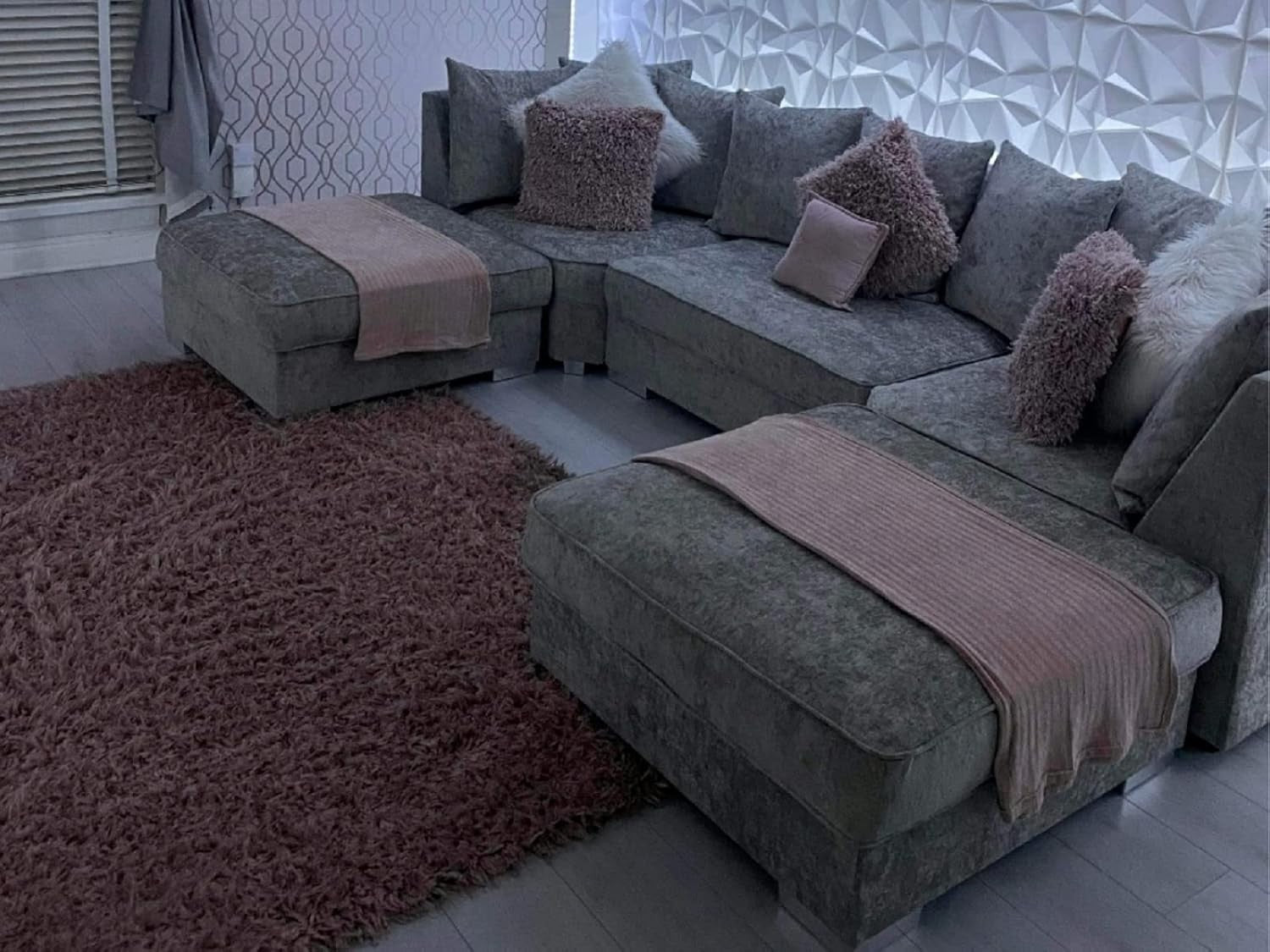 Grey Corner Sofa L or U Shaped Chenille Scatterback with Footstool Option
