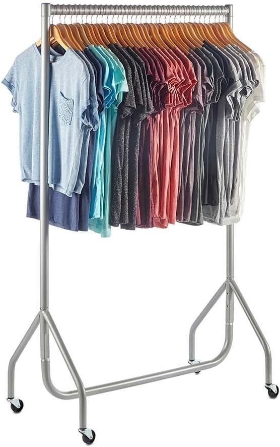 Heavy Duty Clothes Rail 2ft Steel Silver, 100kg Load, Free Standing with Wheels